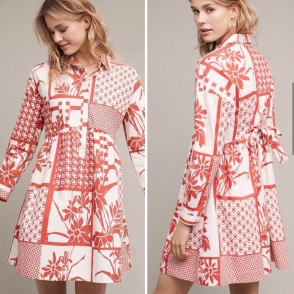 Maeve White and Coral Patchwork Long Sleeve Dress